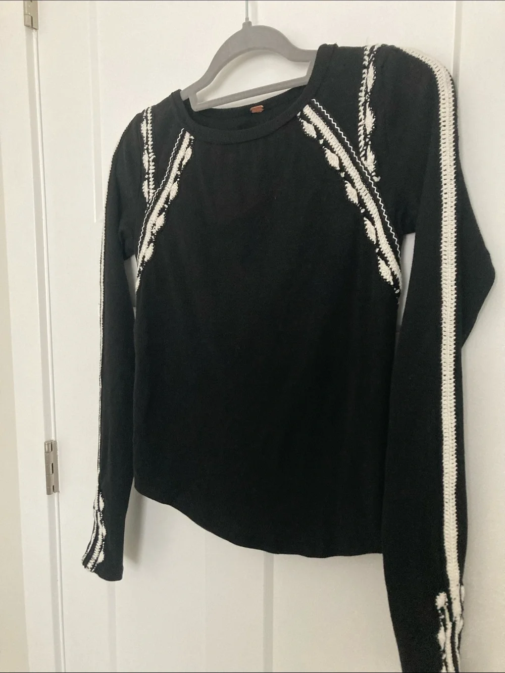 Free People Black Crewneck Sweater with White Stitch Accents